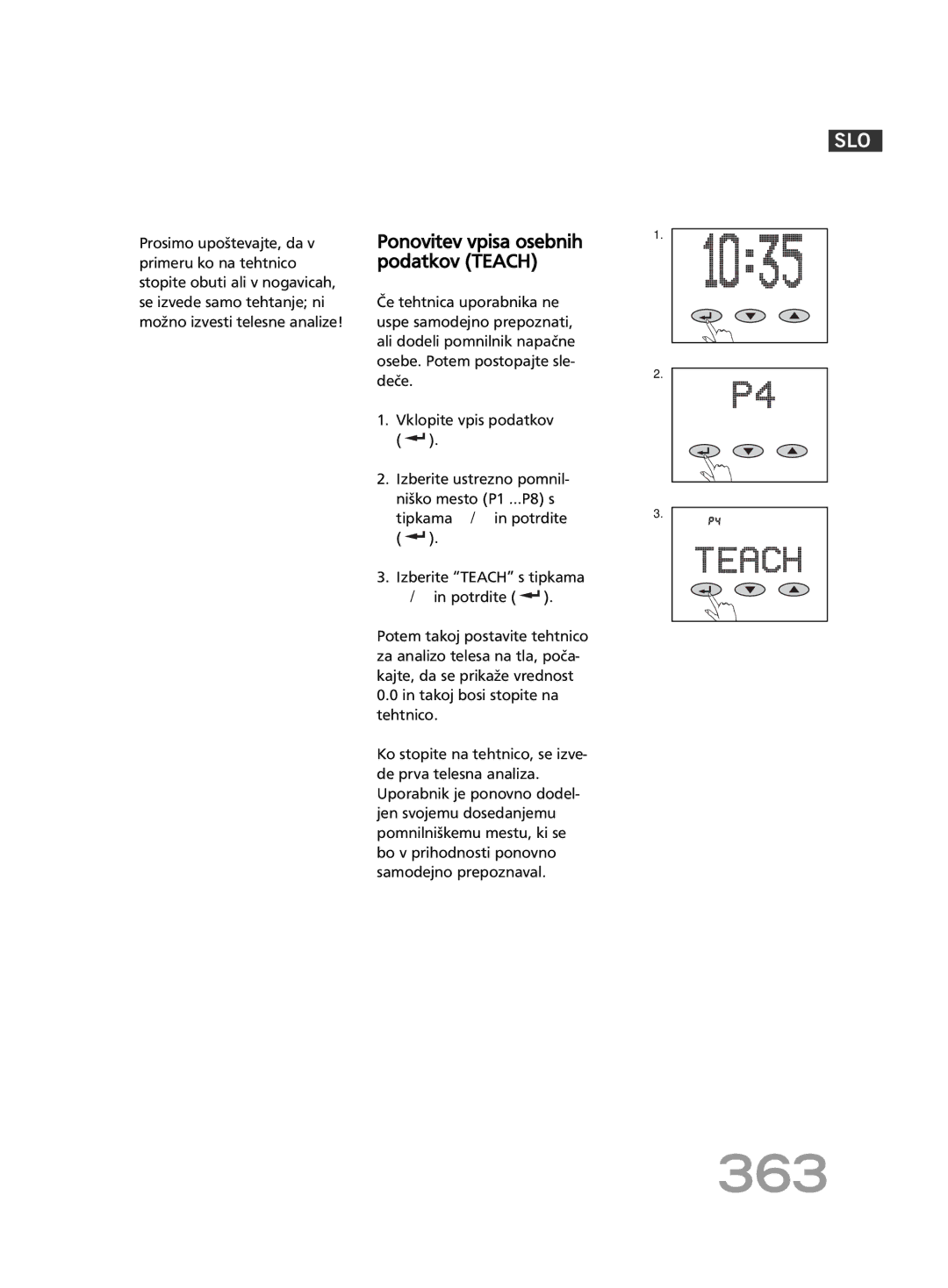 Soehnle FT4 manual 363, Ponovitev vpisa osebnih podatkov Teach 