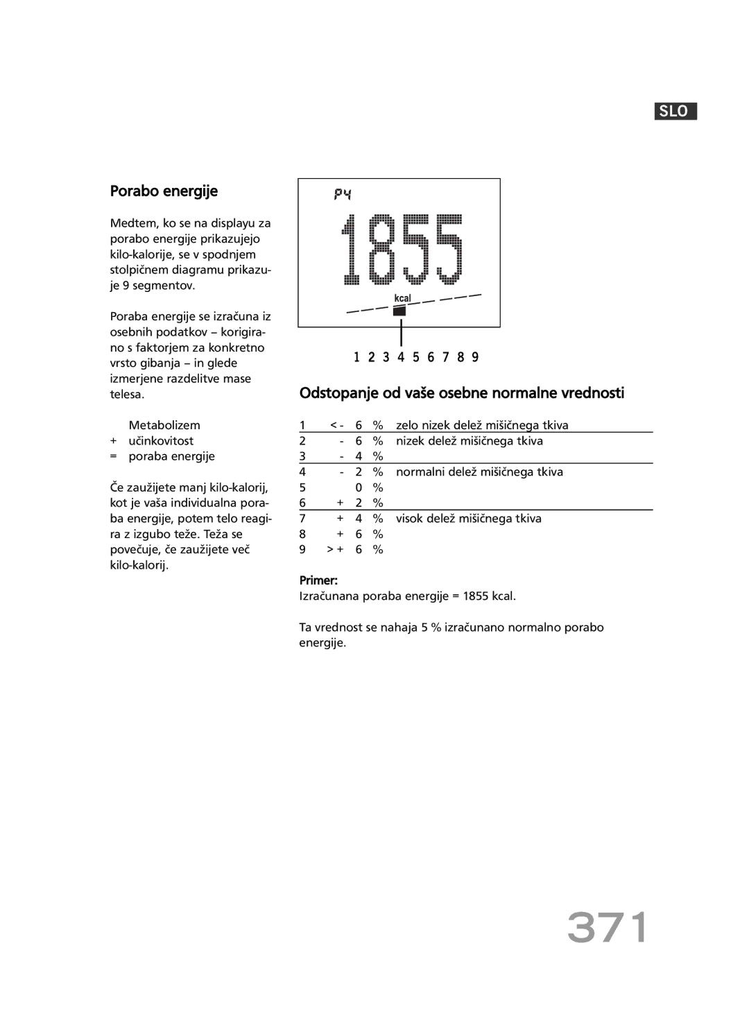 Soehnle FT4 manual 371, Porabo energije, Zelo nizek delež mišičnega tkiva, Nizek delež mišičnega tkiva 