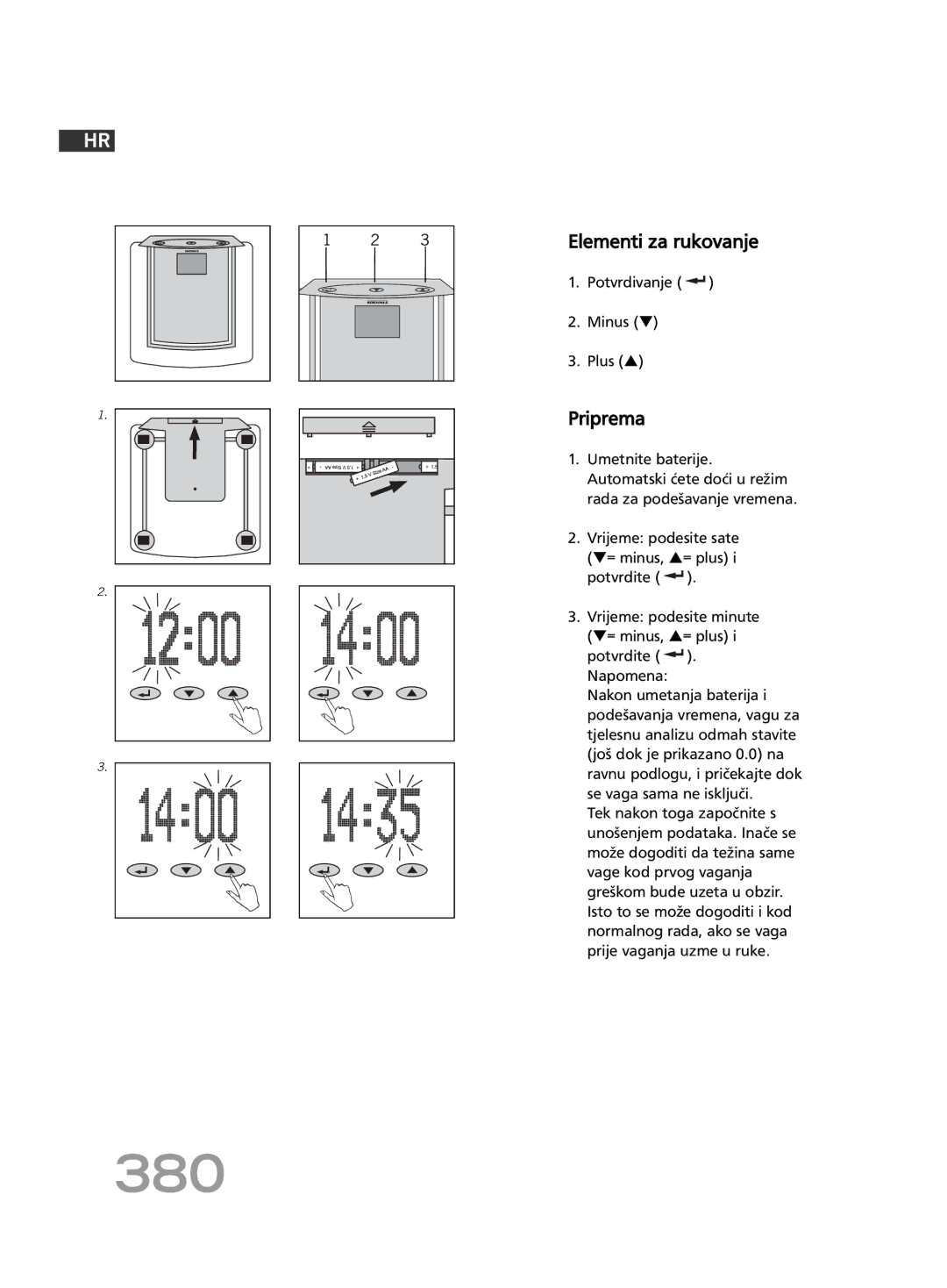 Soehnle FT4 manual 380, Elementi za rukovanje, Priprema, Potvrdivanje Minus Plus 