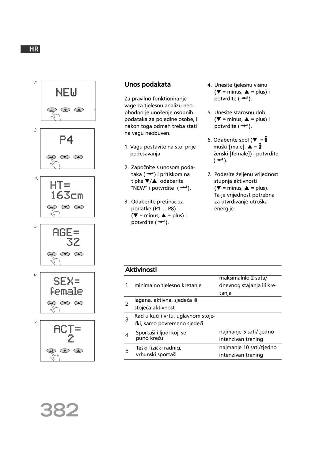 Soehnle FT4 manual 382, Unos podakata, Aktivinosti, Maksimalnlo 2 sata 