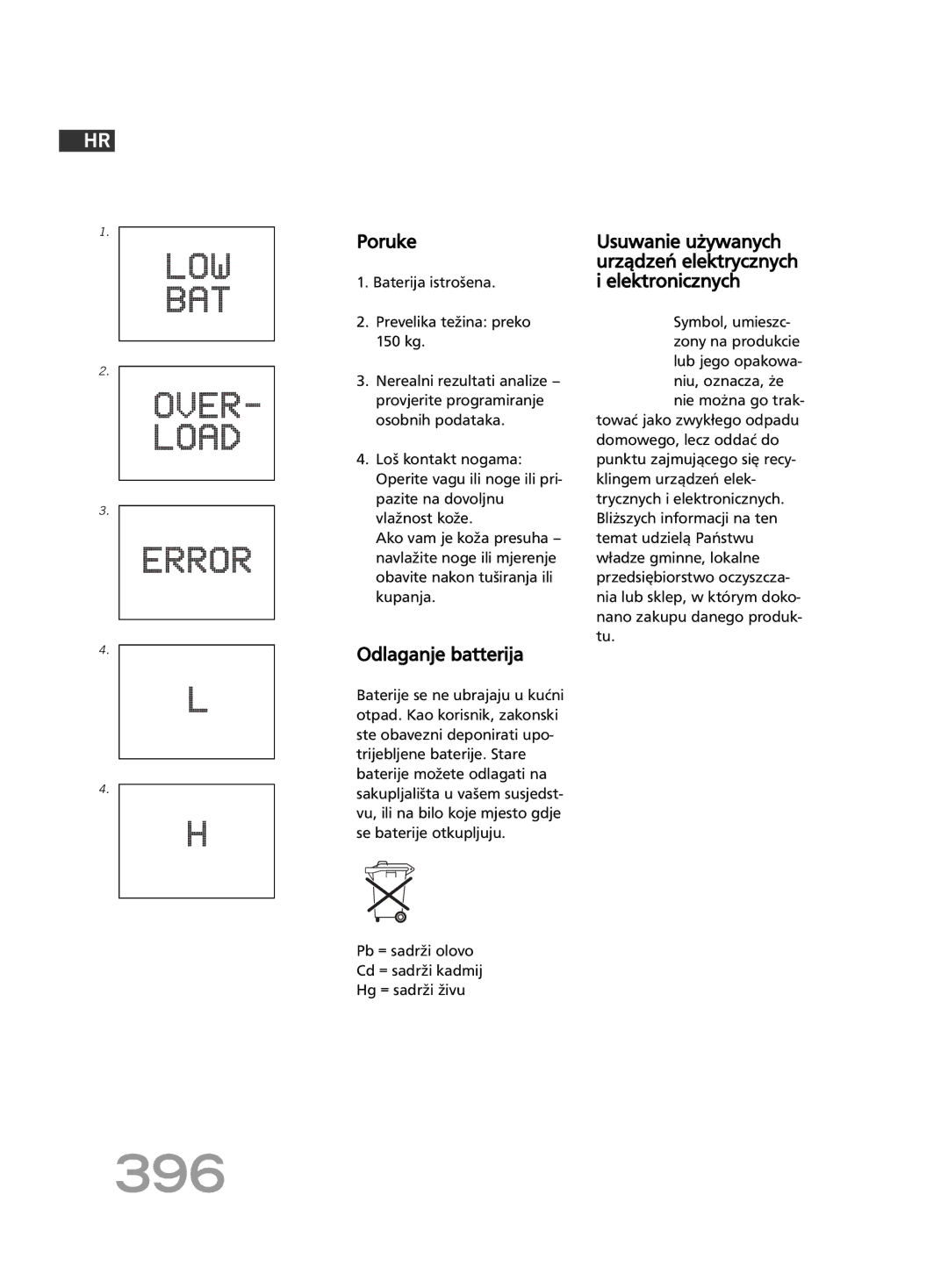 Soehnle FT4 manual 396, Poruke, Odlaganje batterija, Usuwanie używanych urządzeń elektrycznych i elektronicznych 