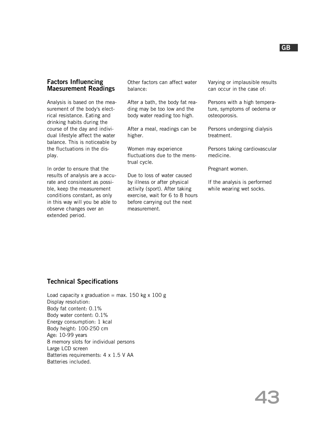 Soehnle FT4 Factors Influencing Maesurement Readings, Technical Specifications, Other factors can affect water balance 