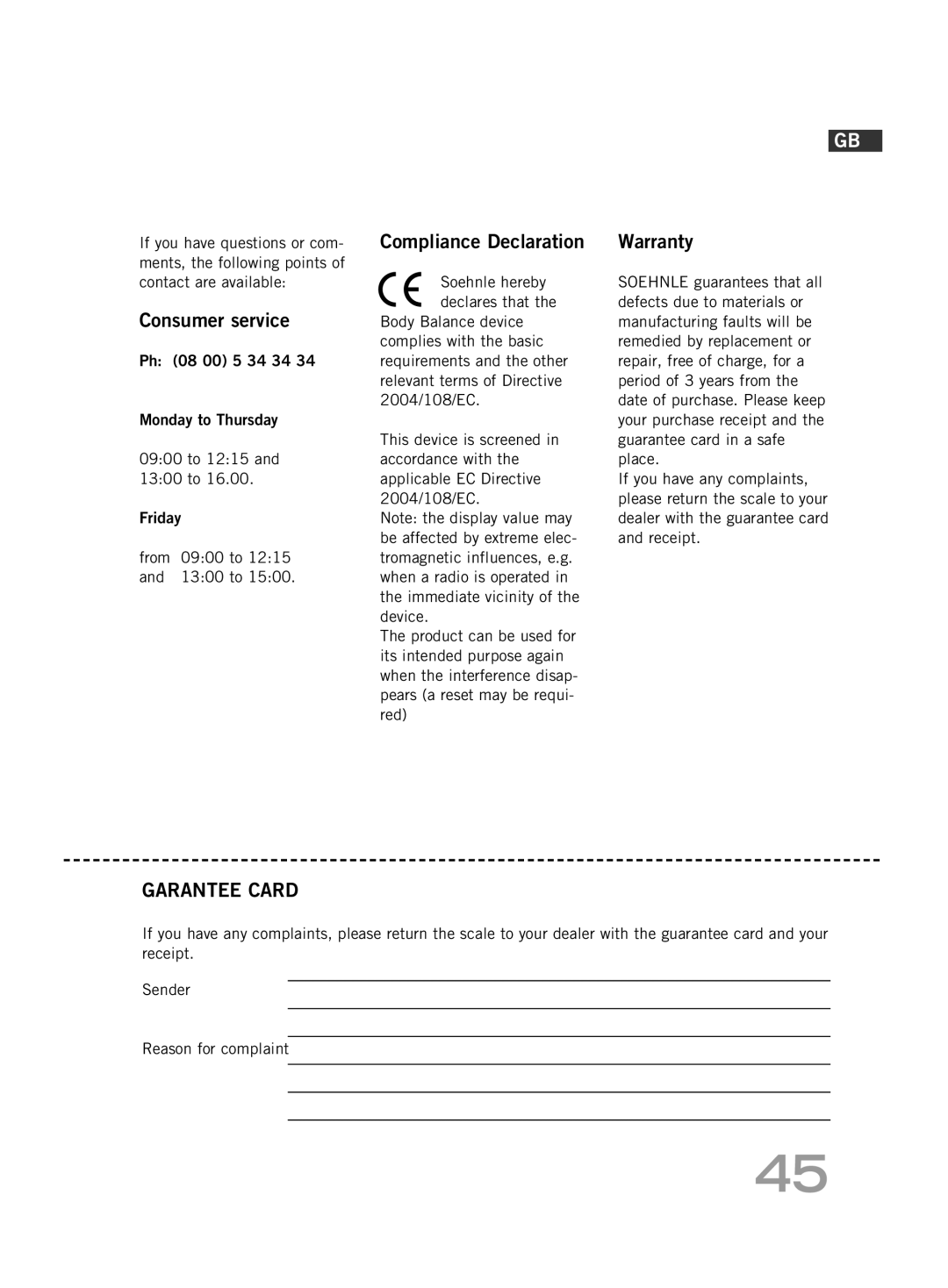 Soehnle FT4 manual Compliance Declaration, Consumer service, Warranty 