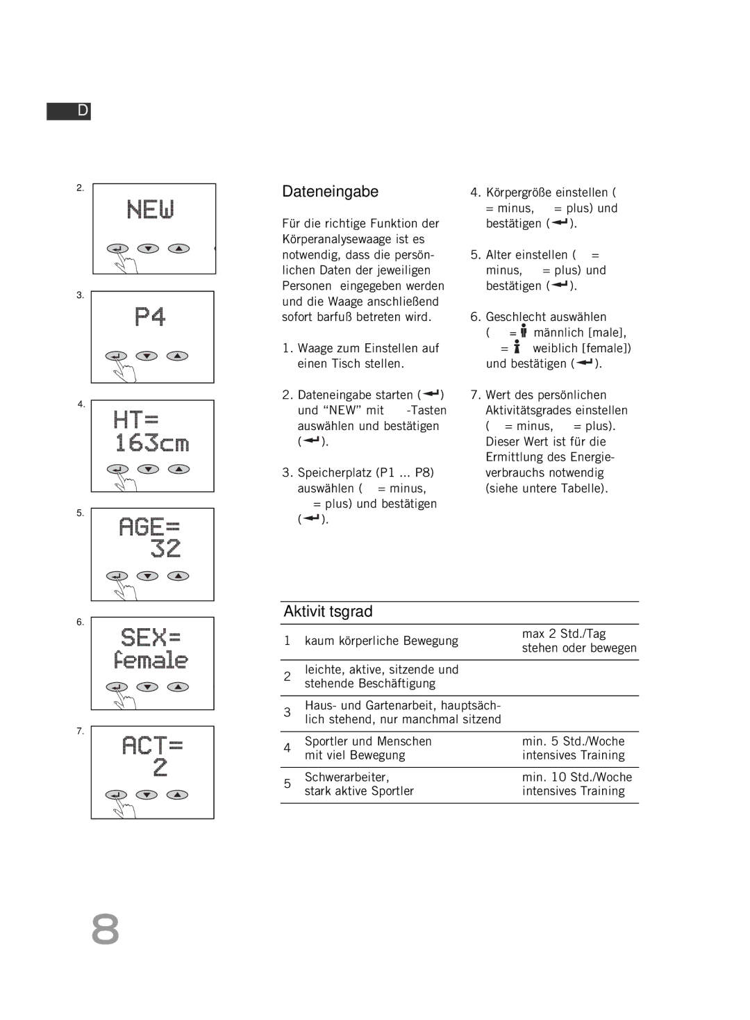 Soehnle FT4 manual Dateneingabe, Aktivitätsgrad, Kaum körperliche Bewegung Max 2 Std./Tag 