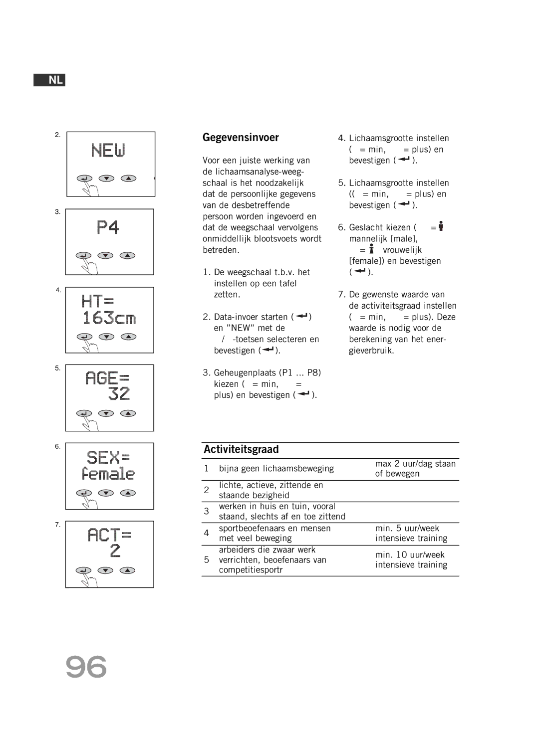 Soehnle FT4 manual Gegevensinvoer, Activiteitsgraad 