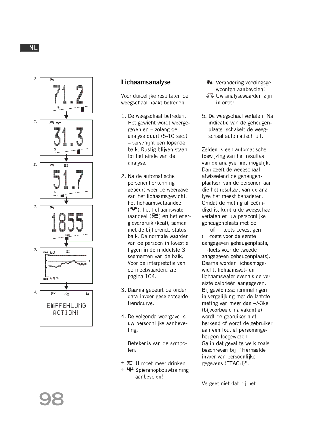 Soehnle FT4 manual Lichaamsanalyse, Vergeet niet dat bij het 