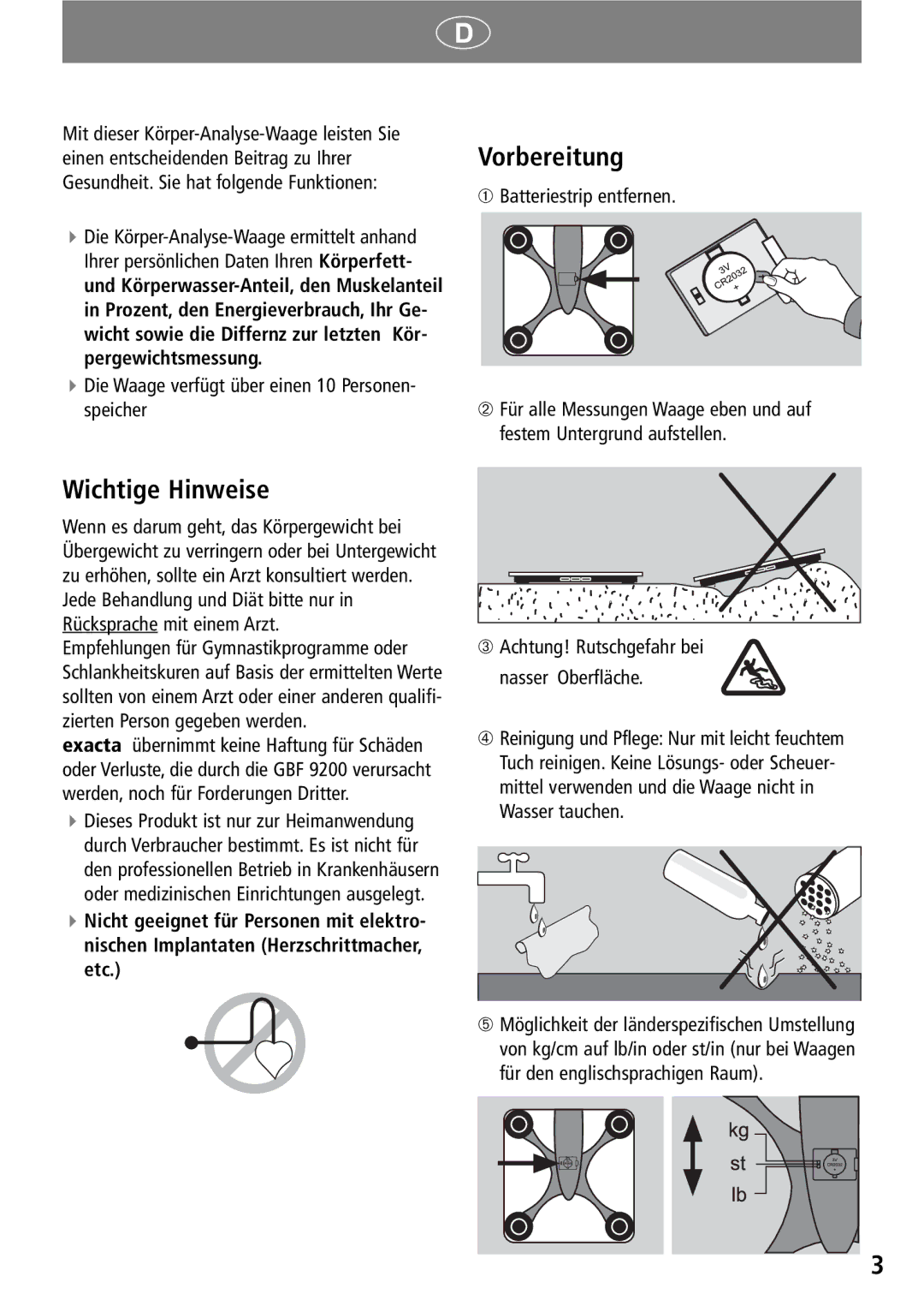 Soehnle GBF 9200 operating instructions Vorbereitung, Wichtige Hinweise, Die Waage verfügt über einen 10 Personen- speicher 