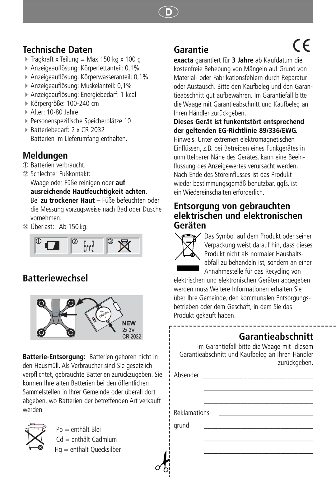 Soehnle GBF 9200 operating instructions Technische Daten, Meldungen, Batteriewechsel, Garantieabschnitt 