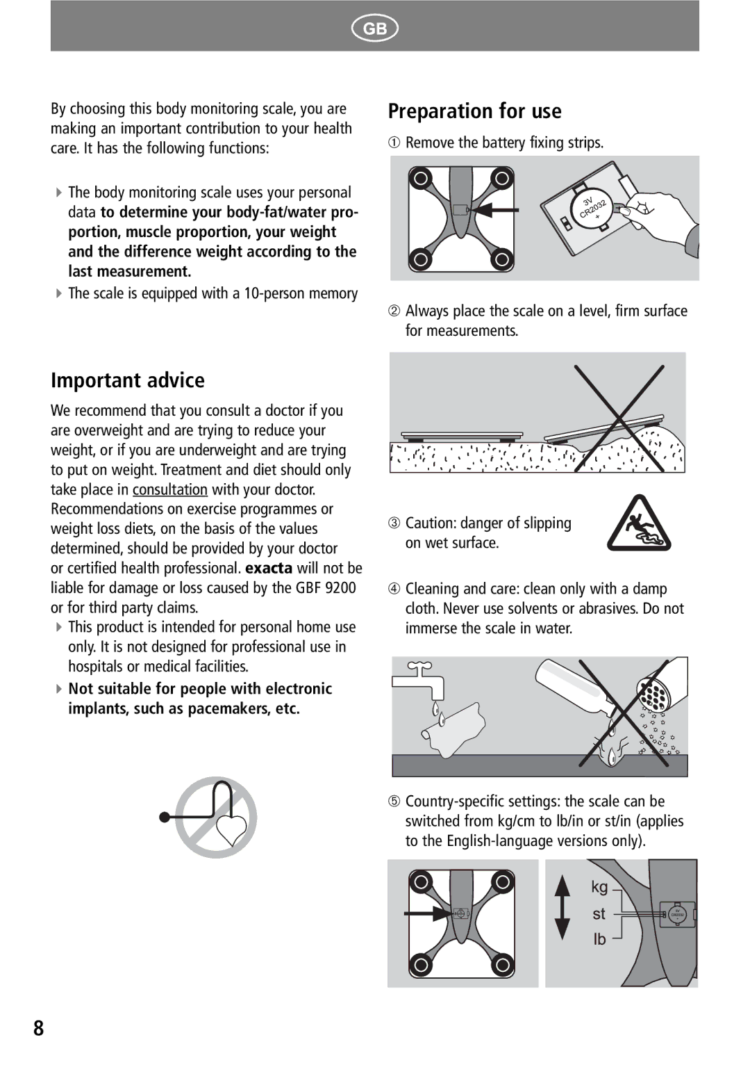 Soehnle GBF 9200 operating instructions Preparation for use, Important advice, ➂ Caution danger of slipping On wet surface 