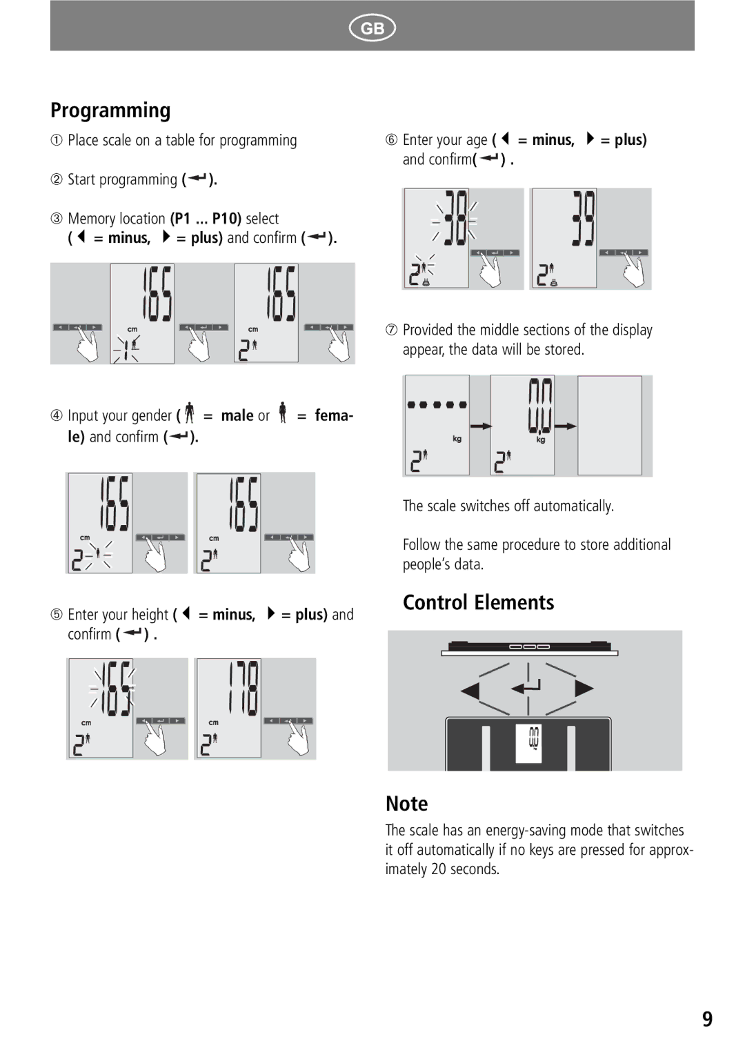 Soehnle GBF 9200 operating instructions Programming, Control Elements, ➀ Place scale on a table for programming, Confirm 