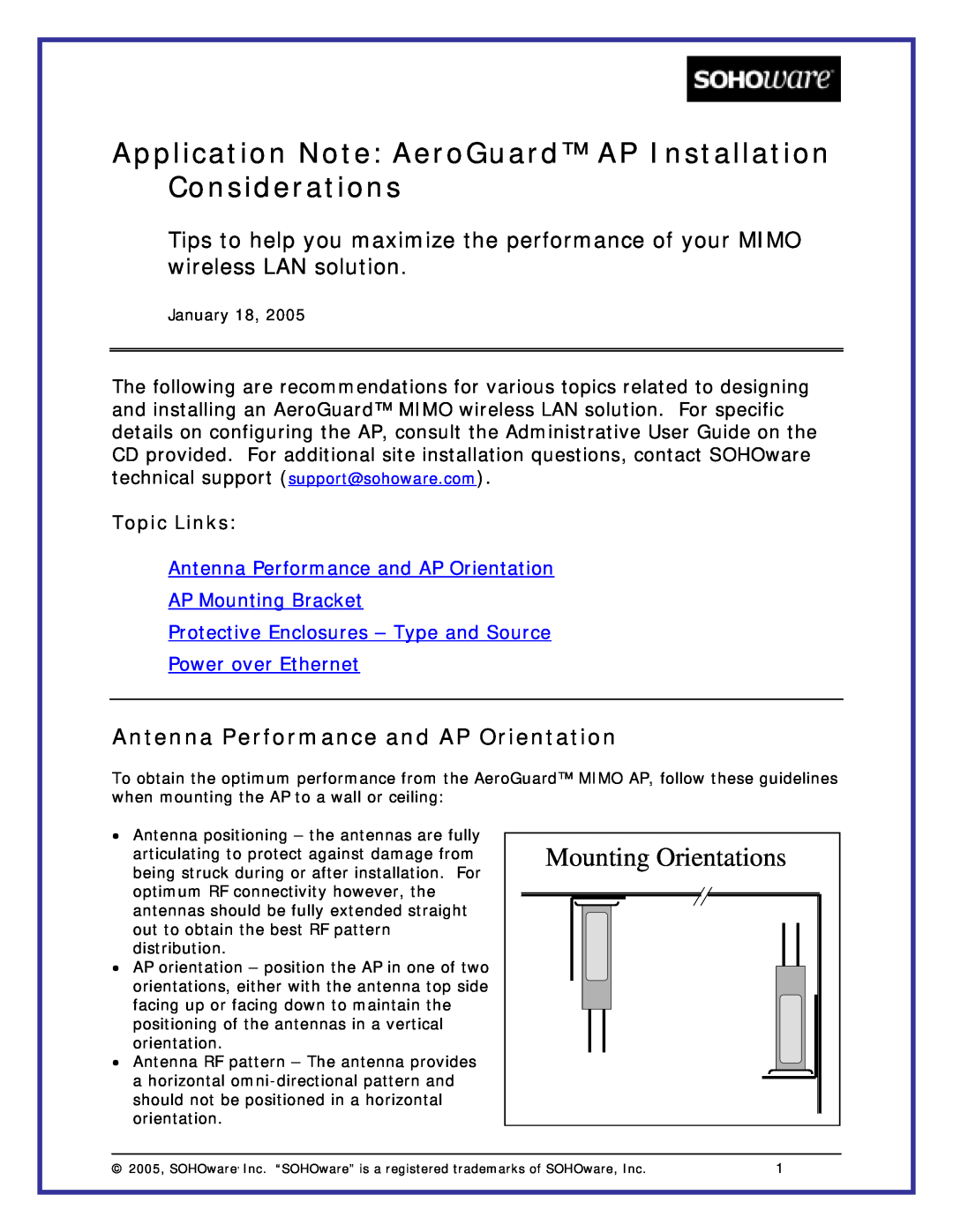 Soho manual Antenna Performance and AP Orientation, Application Note AeroGuard AP Installation Considerations 
