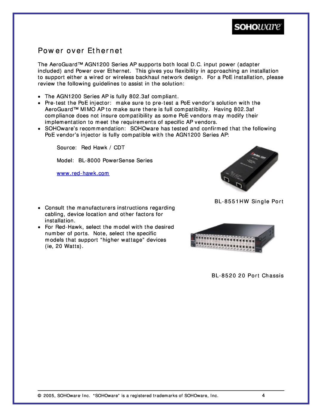 Soho AP manual Power over Ethernet, BL-8551HW Single Port, BL-8520 20 Port Chassis 