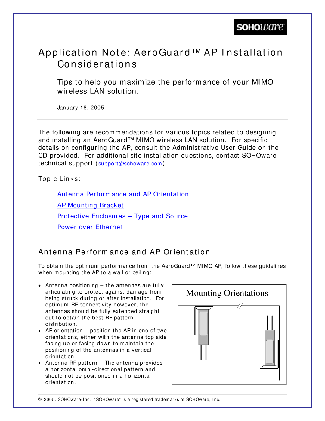 Soho manual Application Note AeroGuard AP Installation Considerations, Antenna Performance and AP Orientation 