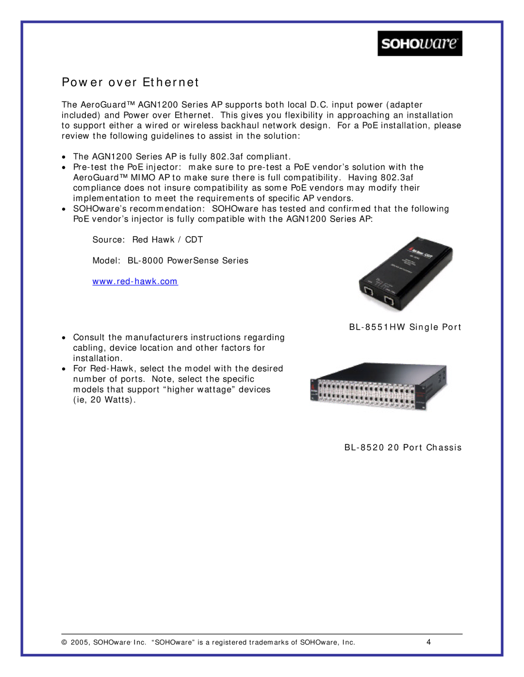 Soho AP manual Power over Ethernet, BL-8551HW Single Port 