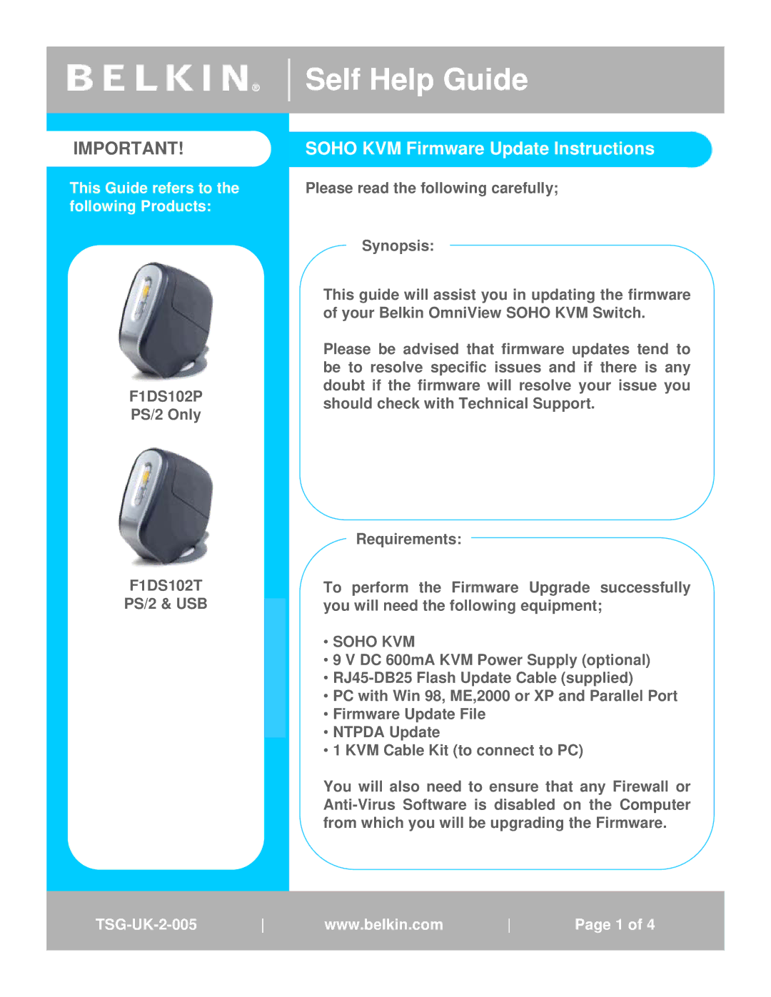 Soho F1DS102P manual Self Help Guide, Soho KVM Firmware Update Instructions 