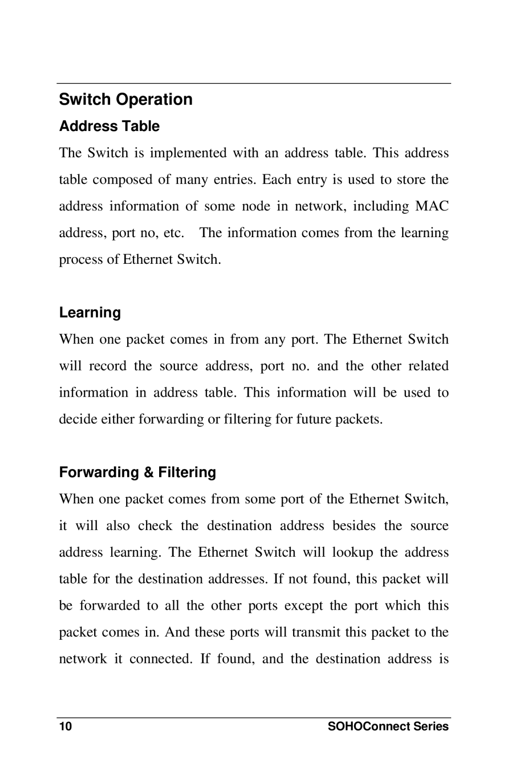 Soho FSD-800 user manual Switch Operation, Address Table, Learning, Forwarding & Filtering 