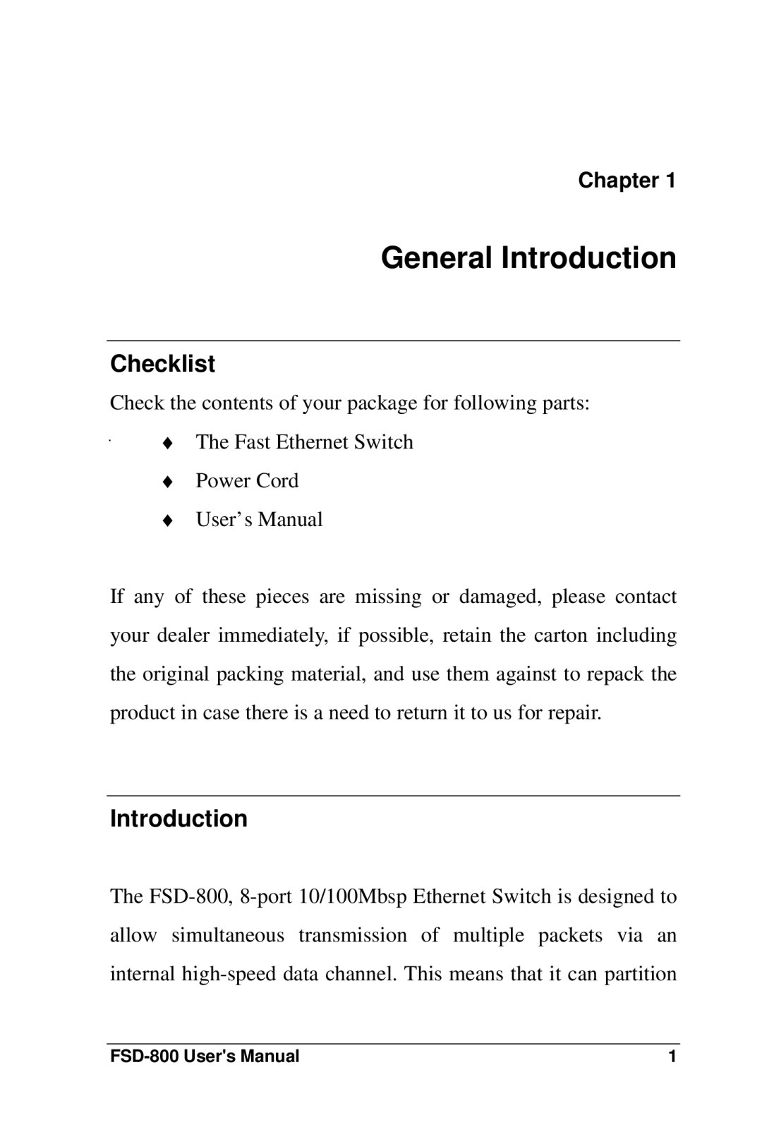 Soho FSD-800 user manual Checklist, Introduction, Chapter 