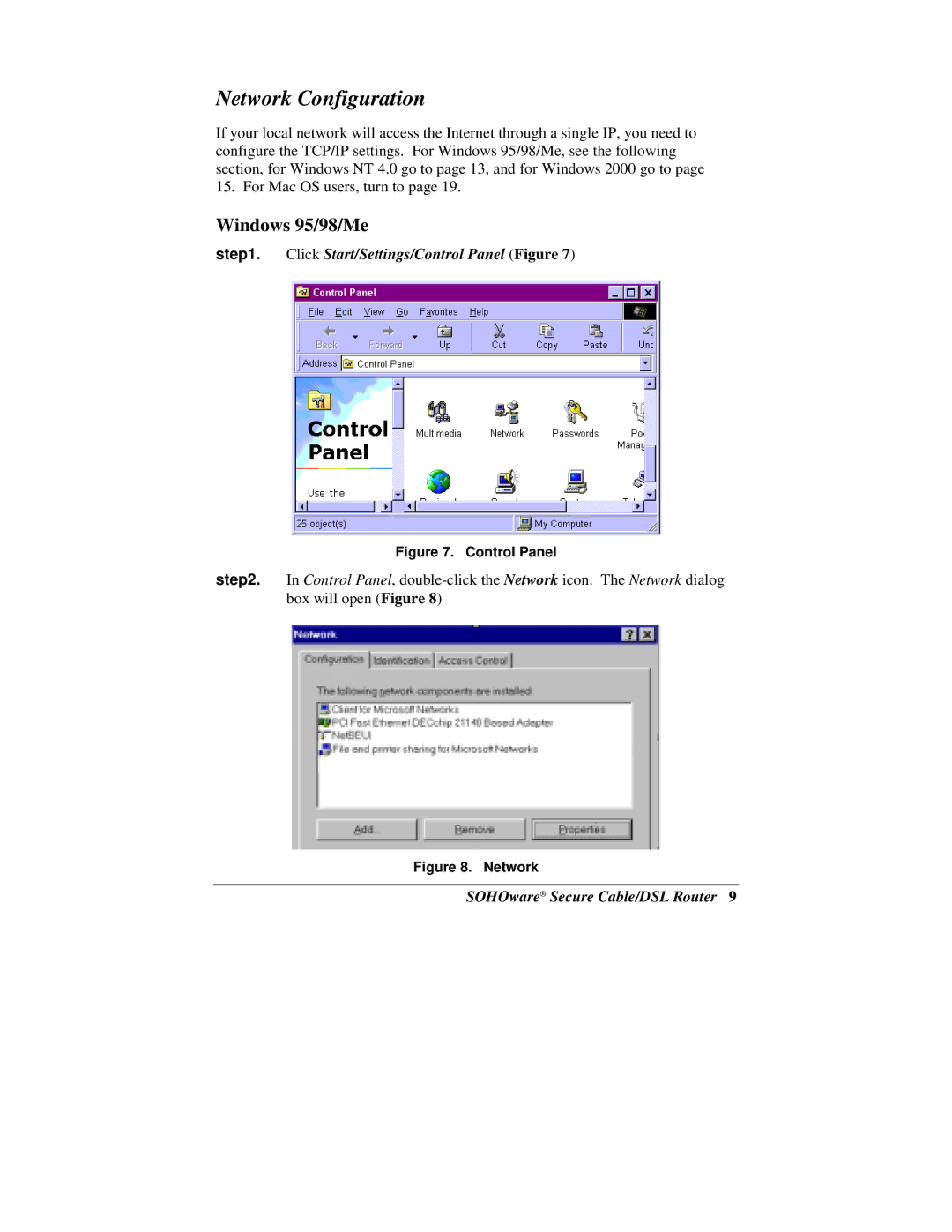 Soho NBG800 manual Network Configuration, Windows 95/98/Me, Click Start/Settings/Control Panel Figure 