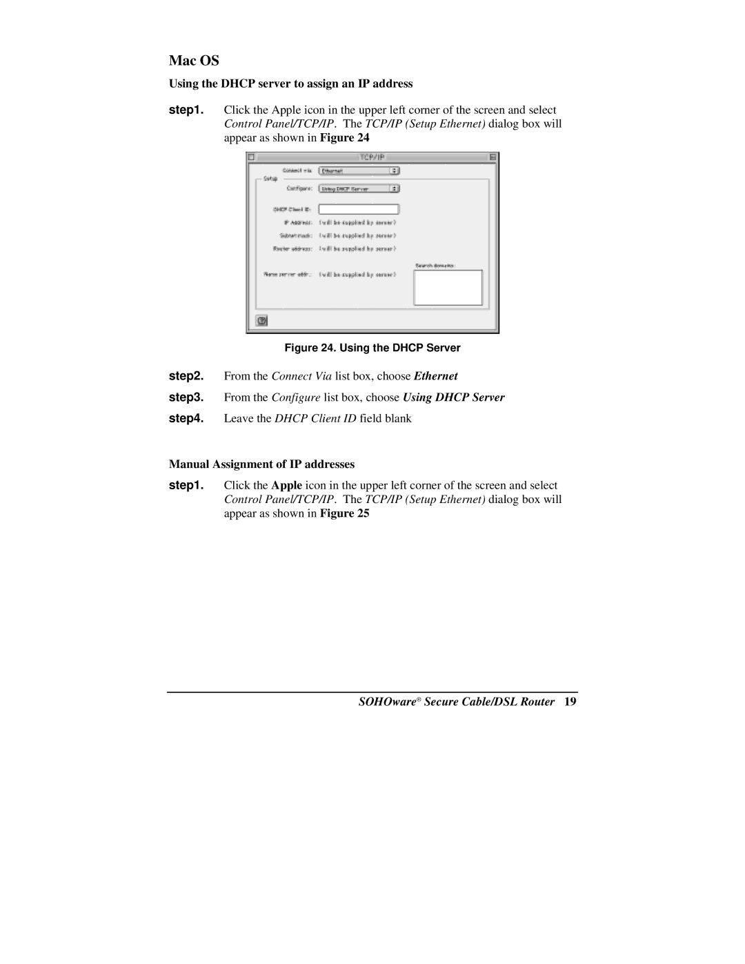 Soho NBG800 manual Mac OS, Using the Dhcp server to assign an IP address 