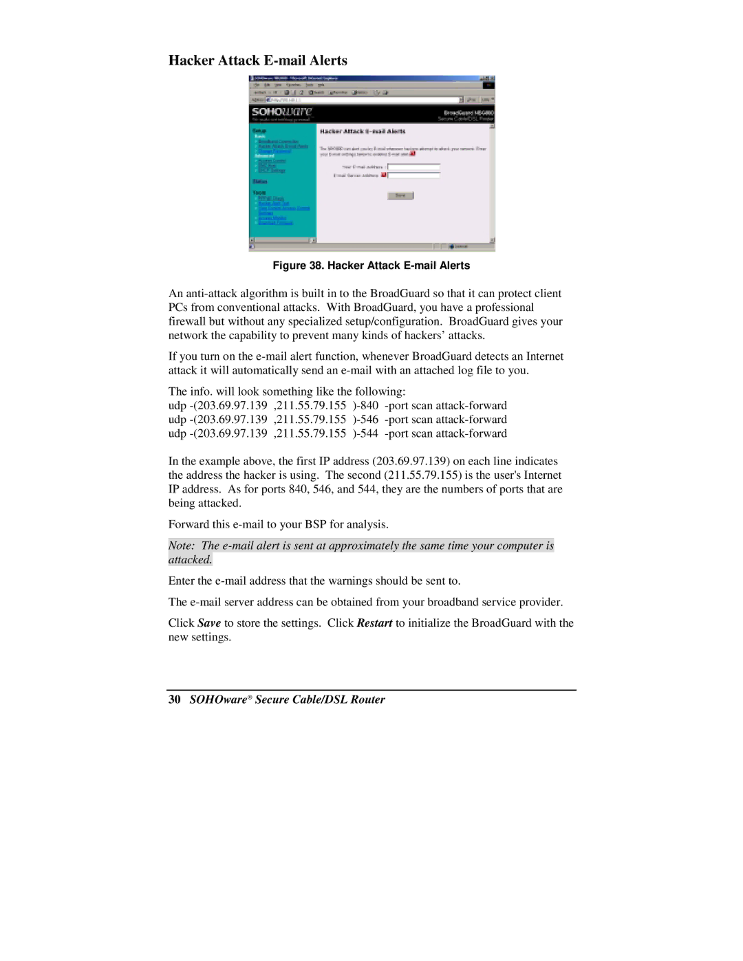 Soho NBG800 manual Hacker Attack E-mail Alerts 