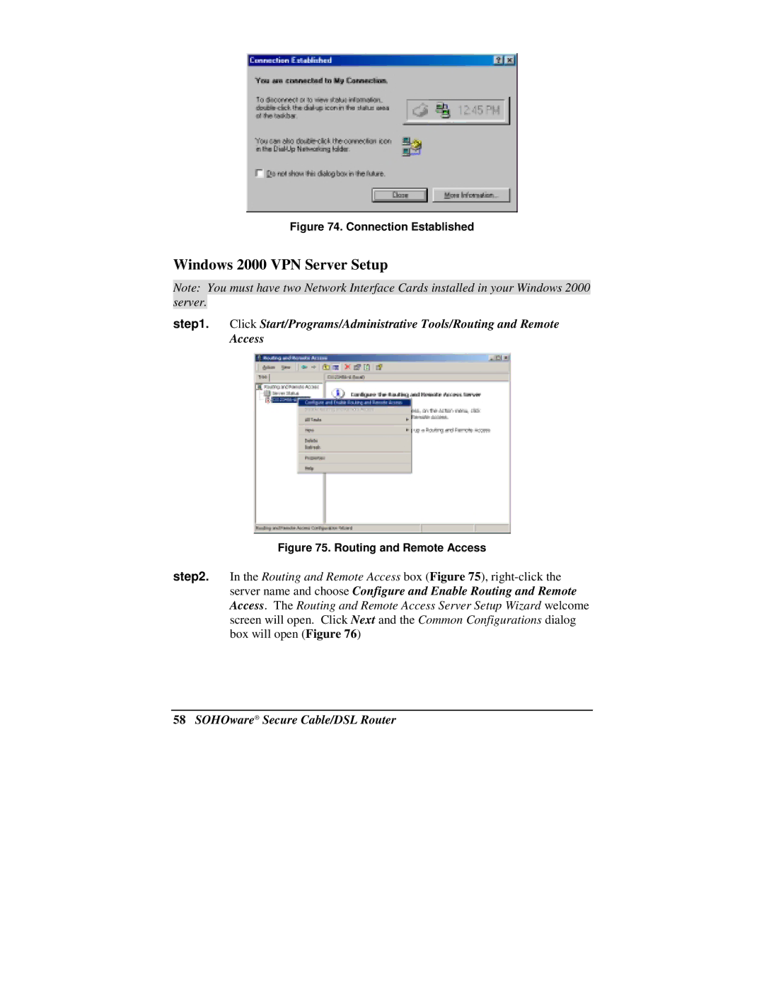 Soho NBG800 manual Windows 2000 VPN Server Setup, Connection Established 