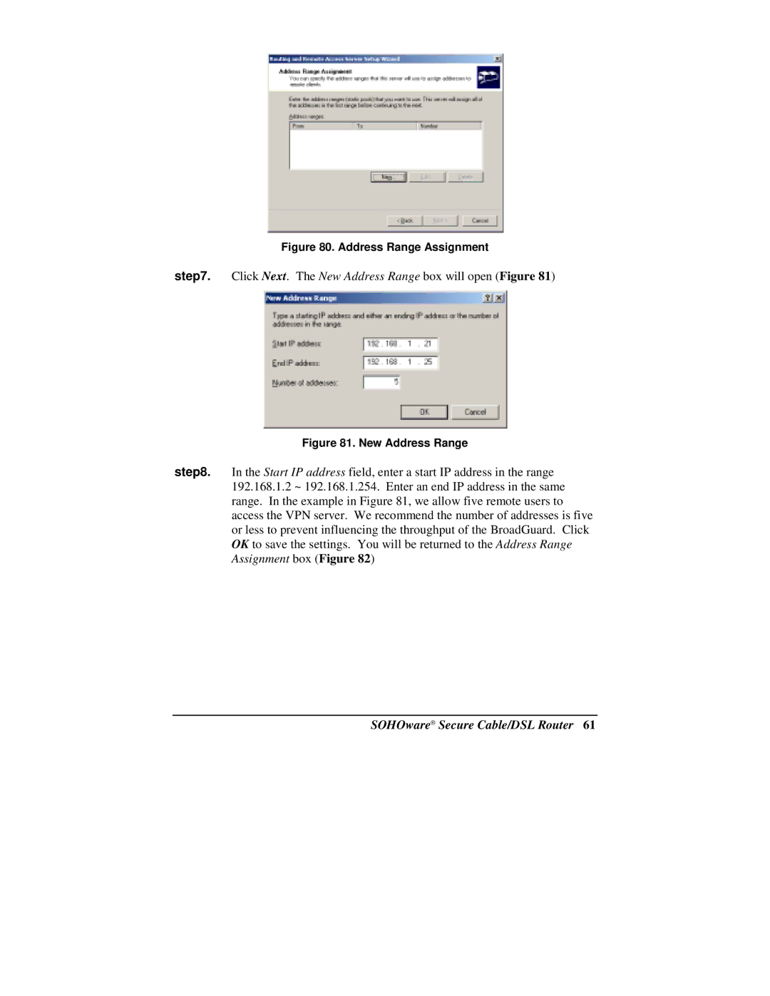 Soho NBG800 manual Click Next. The New Address Range box will open Figure 