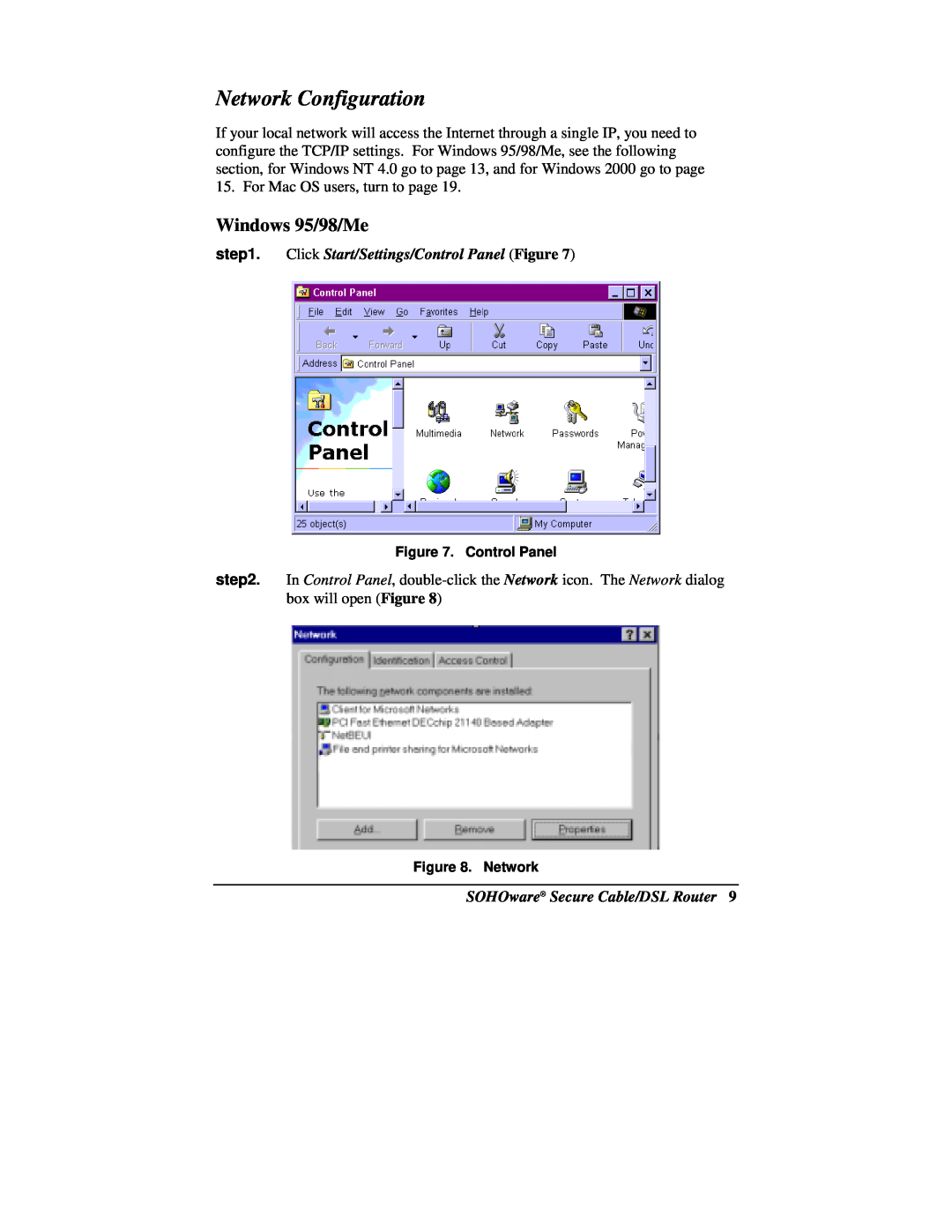 Soho NBG800 manual Network Configuration, Windows 95/98/Me, Click Start/Settings/Control Panel Figure 