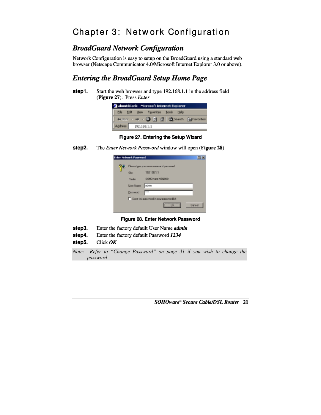 Soho NBG800 manual BroadGuard Network Configuration, Entering the BroadGuard Setup Home Page 