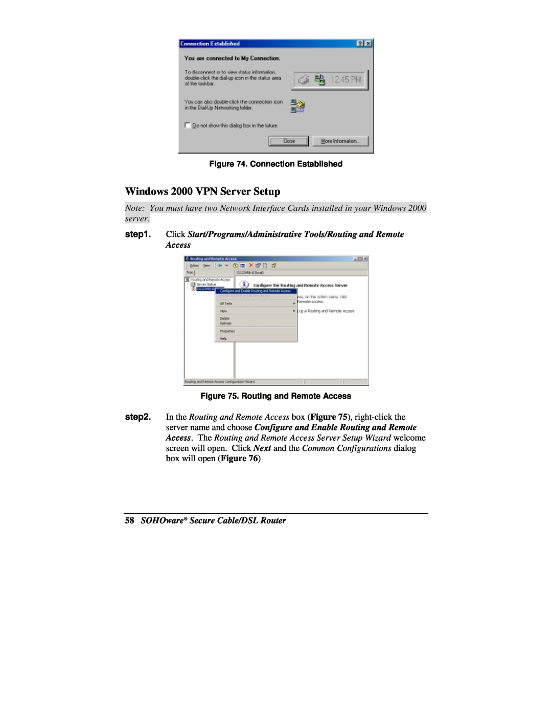 Soho NBG800 manual Windows 2000 VPN Server Setup, Click Start/Programs/Administrative Tools/Routing and Remote, Access 