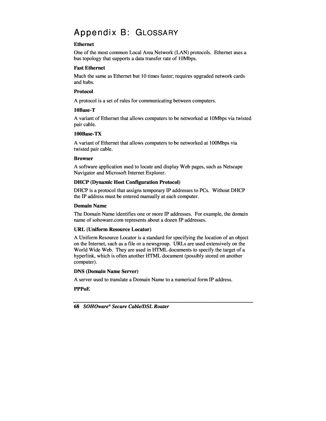 Soho NBG800 manual Appendix B GLOSSARY, SOHOware Secure Cable/DSL Router 