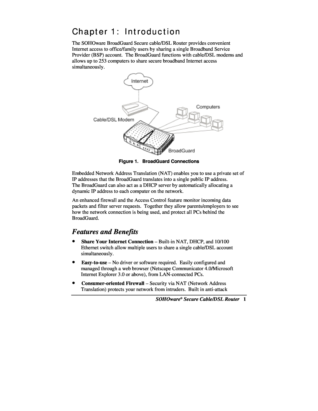 Soho NBG800 manual Introduction, Features and Benefits, SOHOware Secure Cable/DSL Router 