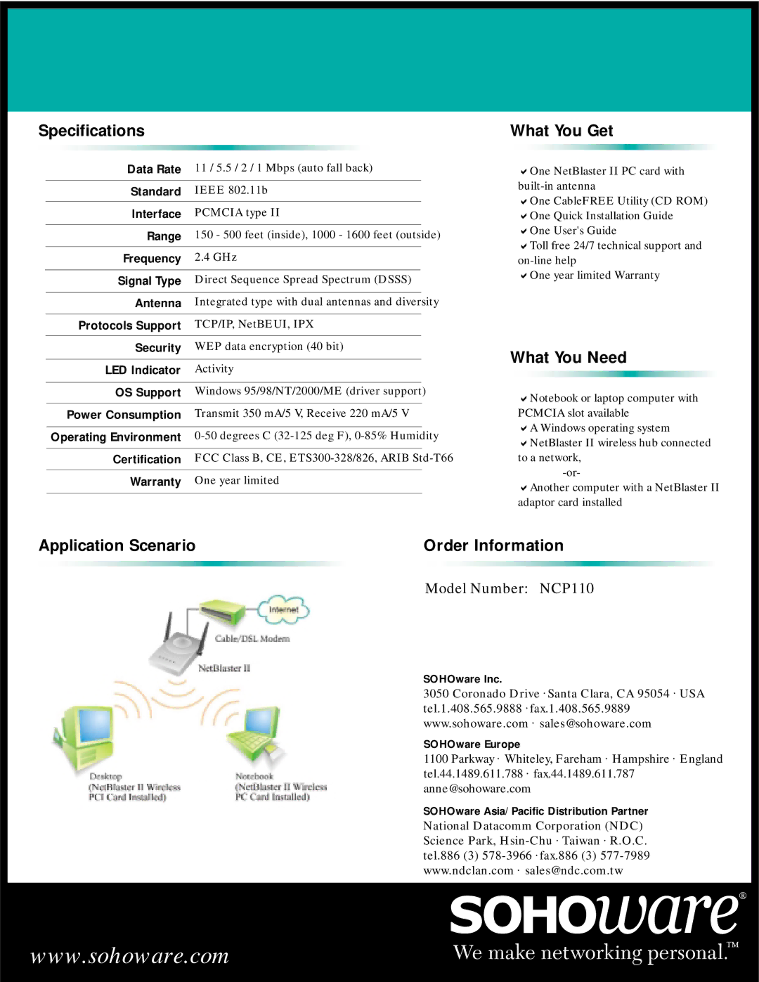 Soho NCP110 manual Specifications, What You Get, What You Need, Application Scenario, SOHOware Inc SOHOware Europe 