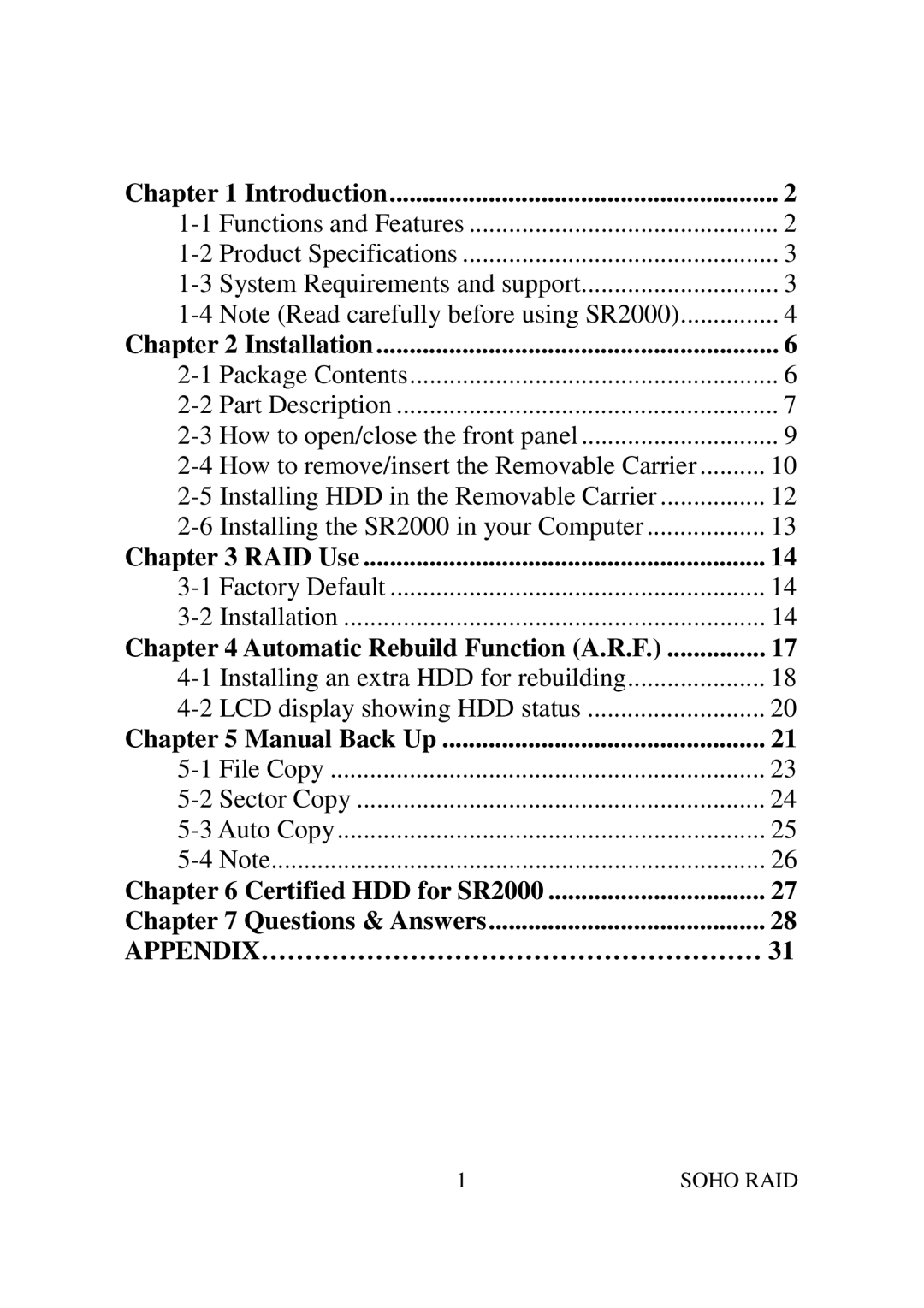 Soho SR2000 user manual Introduction 