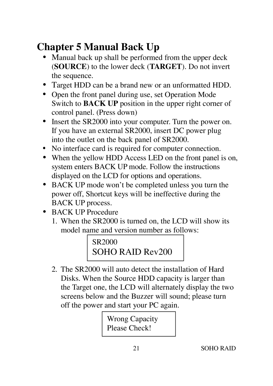 Soho SR2000 user manual Manual Back Up, Soho RAID Rev200 