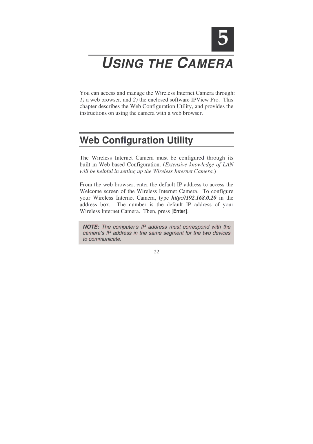 Soho Webcam manual Using the Camera, Web Configuration Utility 