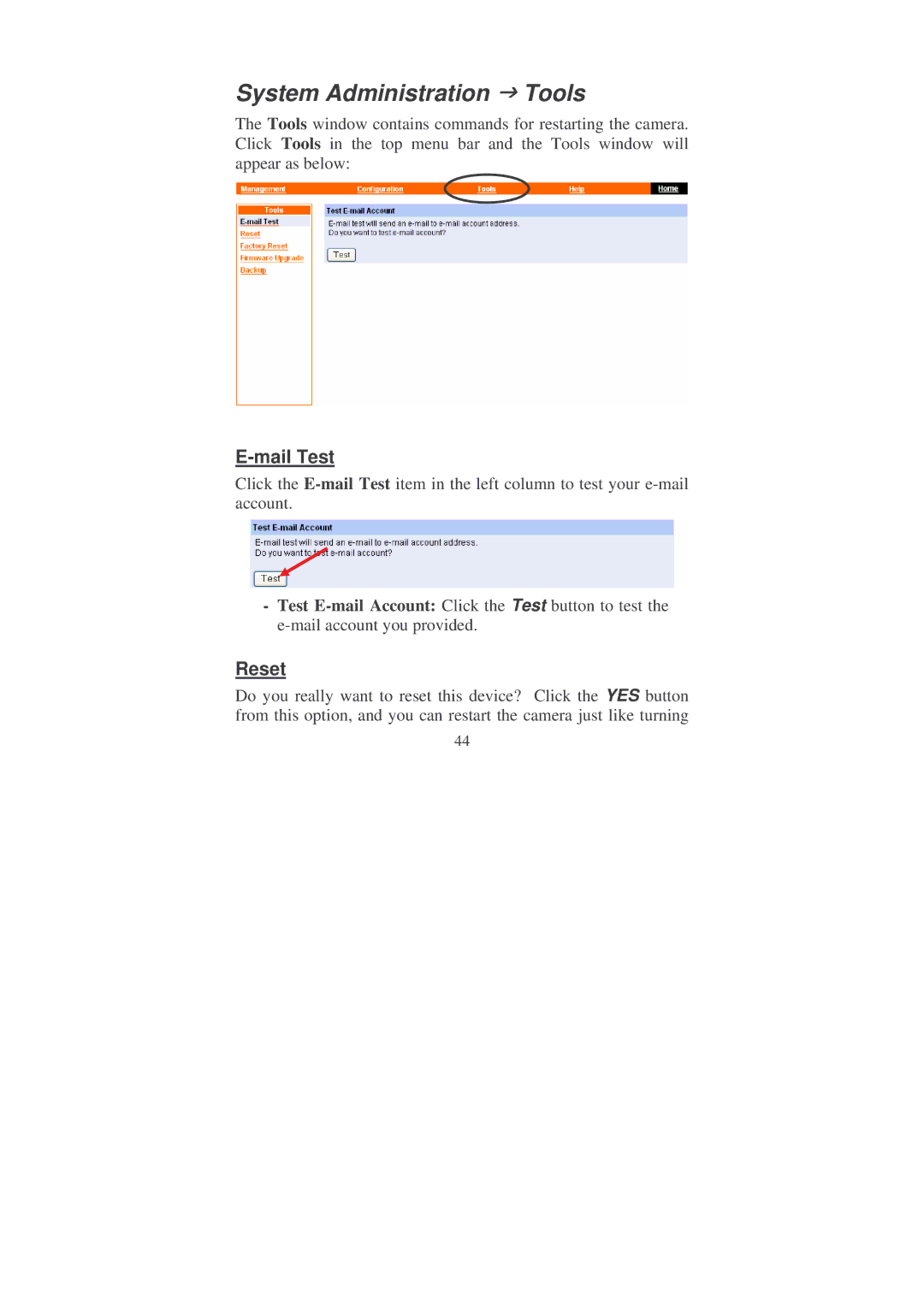 Soho Webcam manual System Administration Tools, Mail Test, Reset 