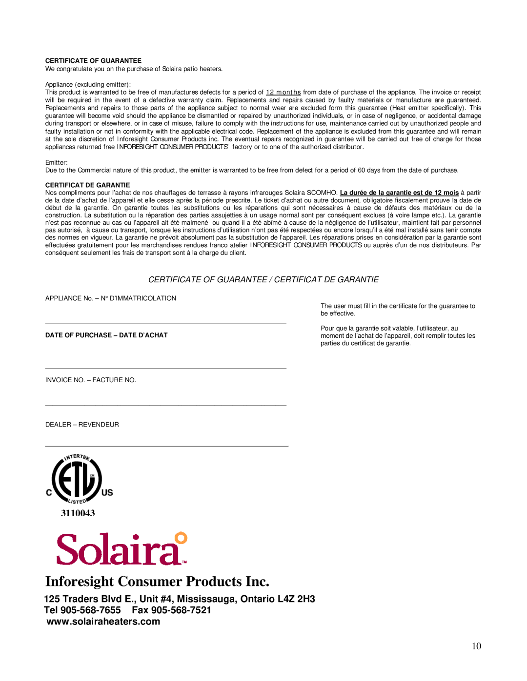 Solaira SCOMHO3000V, SCOMH03000SS, SCOMH01500 manual Inforesight Consumer Products Inc 