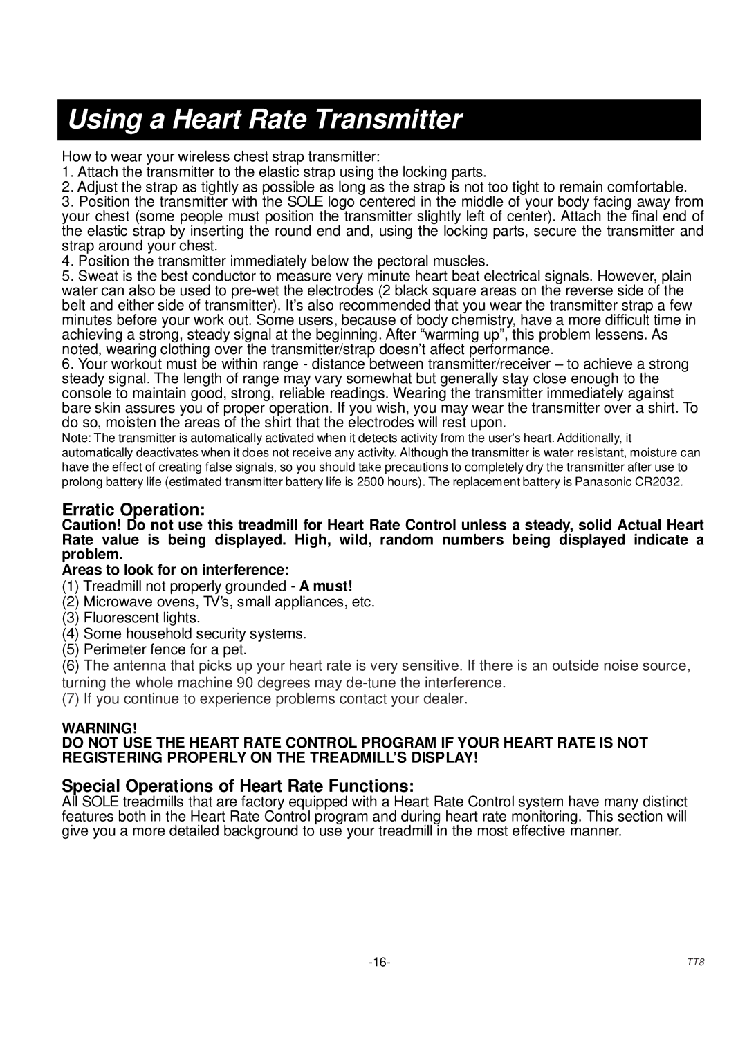 Sole Control Remotes TT8 Using a Heart Rate Transmitter, Erratic Operation, Special Operations of Heart Rate Functions 