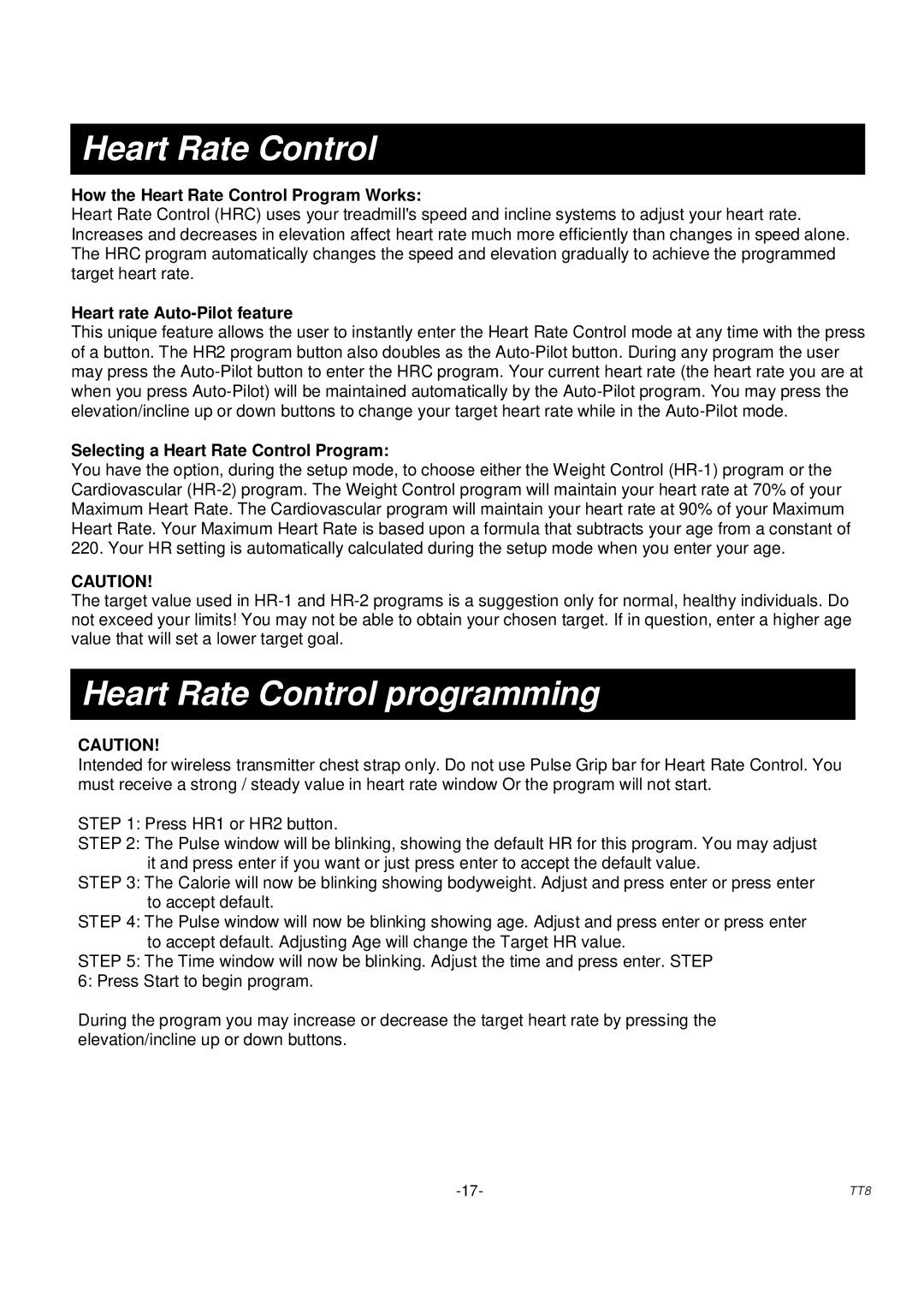 Sole Control Remotes TT8 manual Heart Rate Control programming 