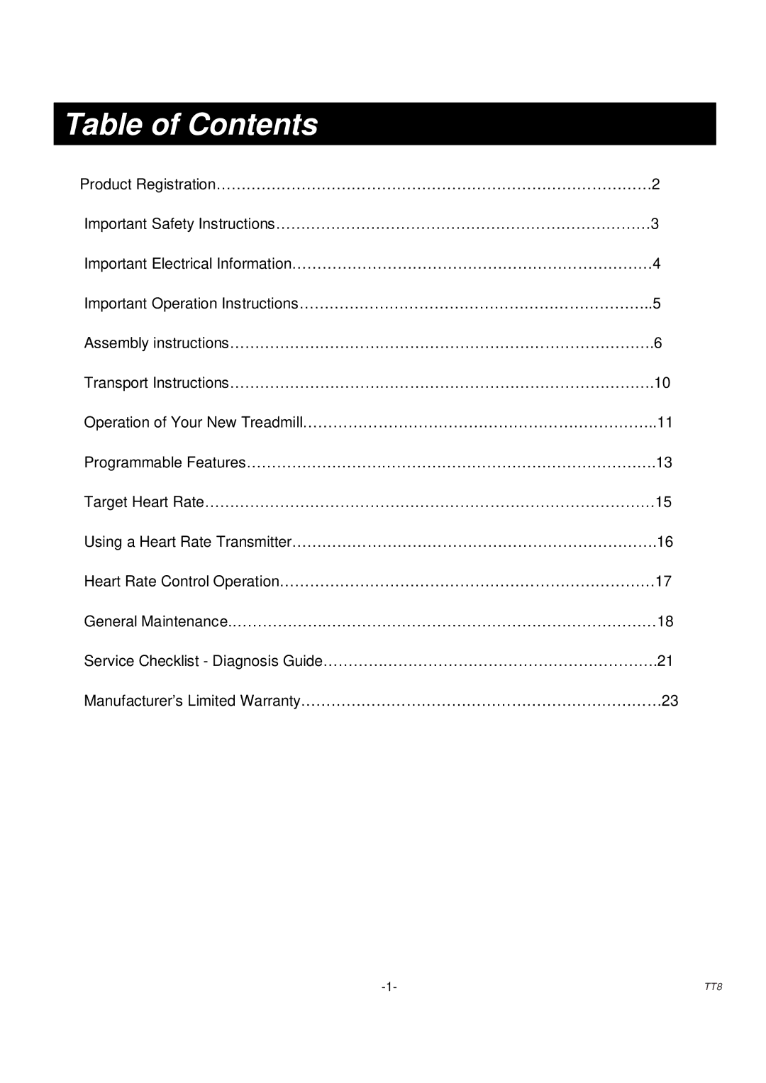 Sole Control Remotes TT8 manual Table of Contents 