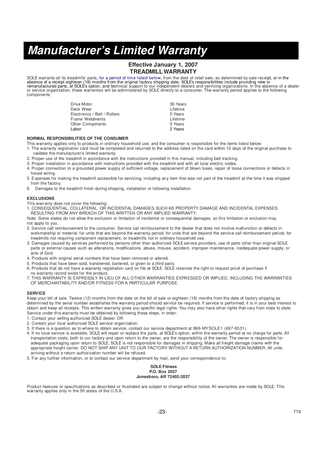 Sole Control Remotes TT8 manual Manufacturer’s Limited Warranty, Treadmill Warranty 