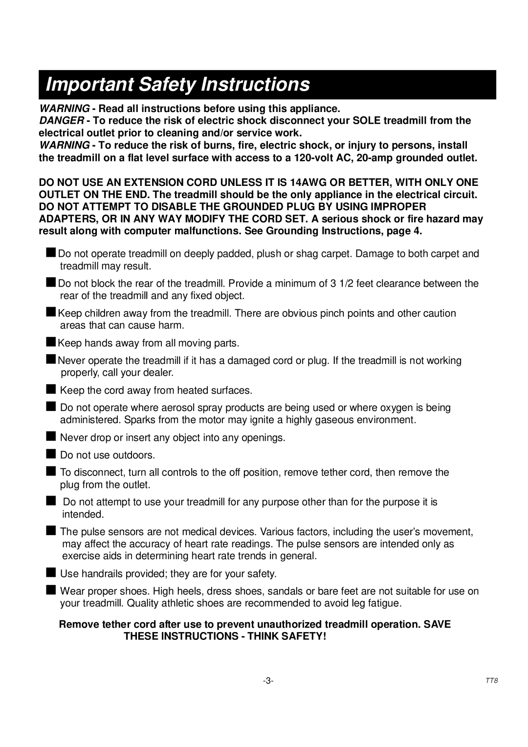 Sole Control Remotes TT8 manual Important Safety Instructions 