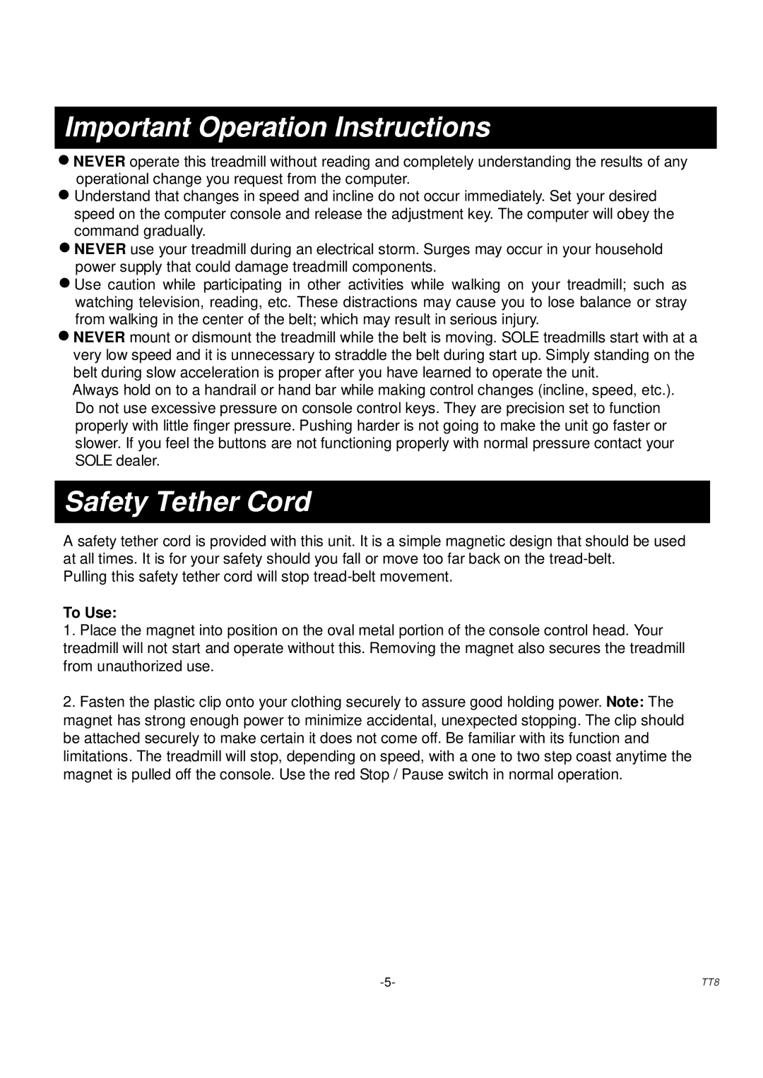 Sole Control Remotes TT8 manual Important Operation Instructions, Safety Tether Cord 