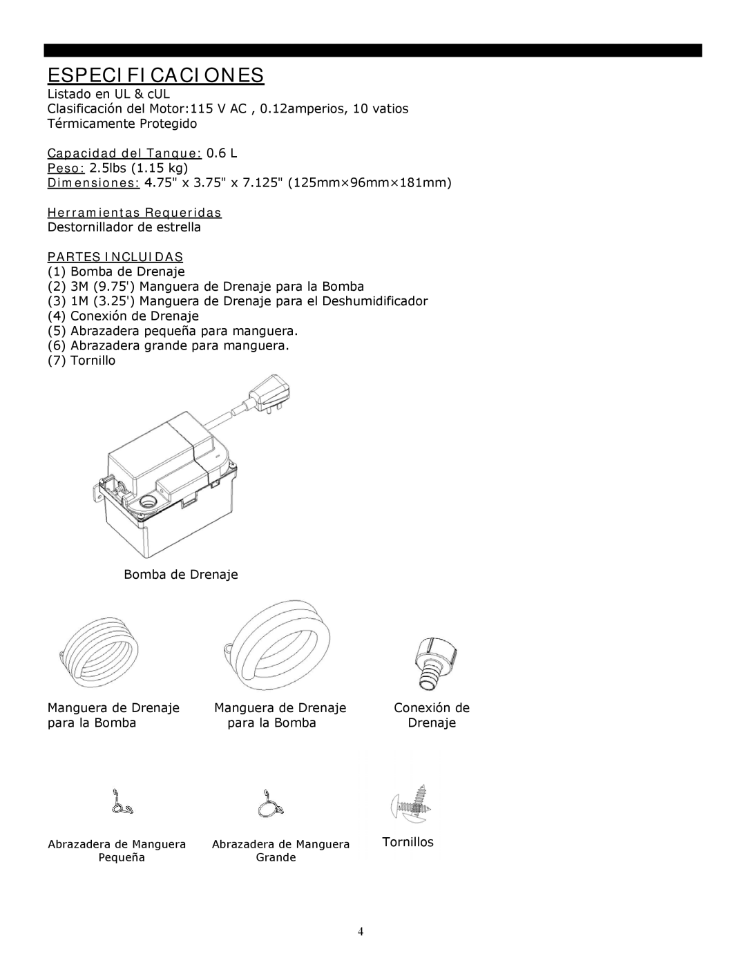 Soleus Air 1M, 3M manual Especificaciones, Partes Incluidas 