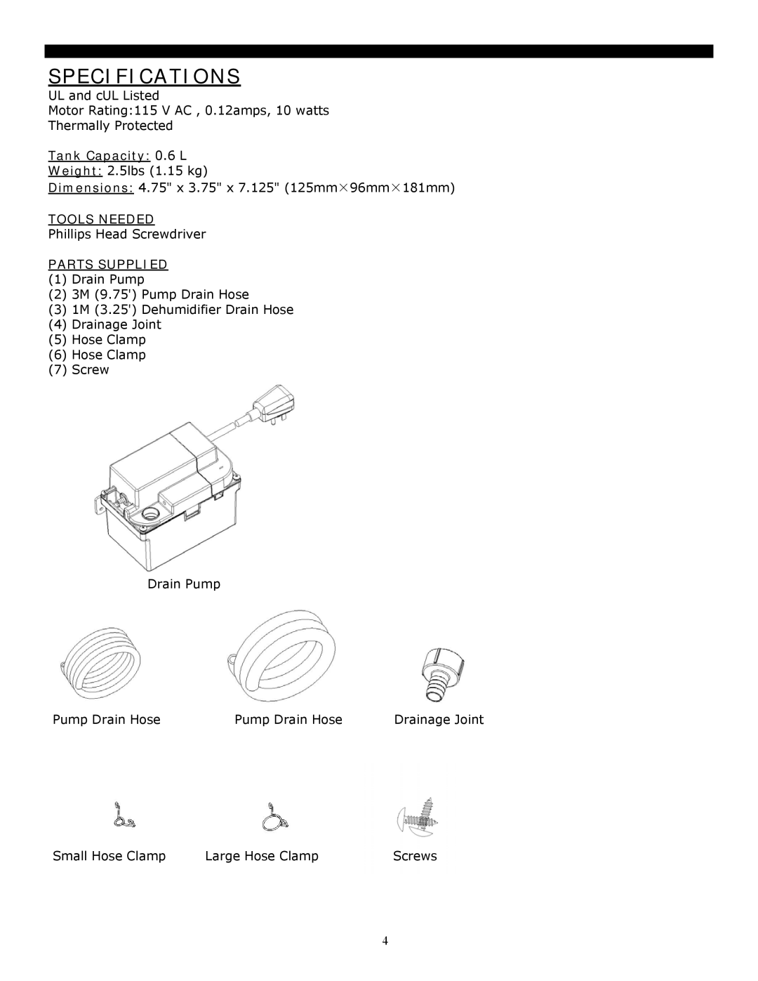 Soleus Air 1M, 3M manual Specifications, Parts Supplied 