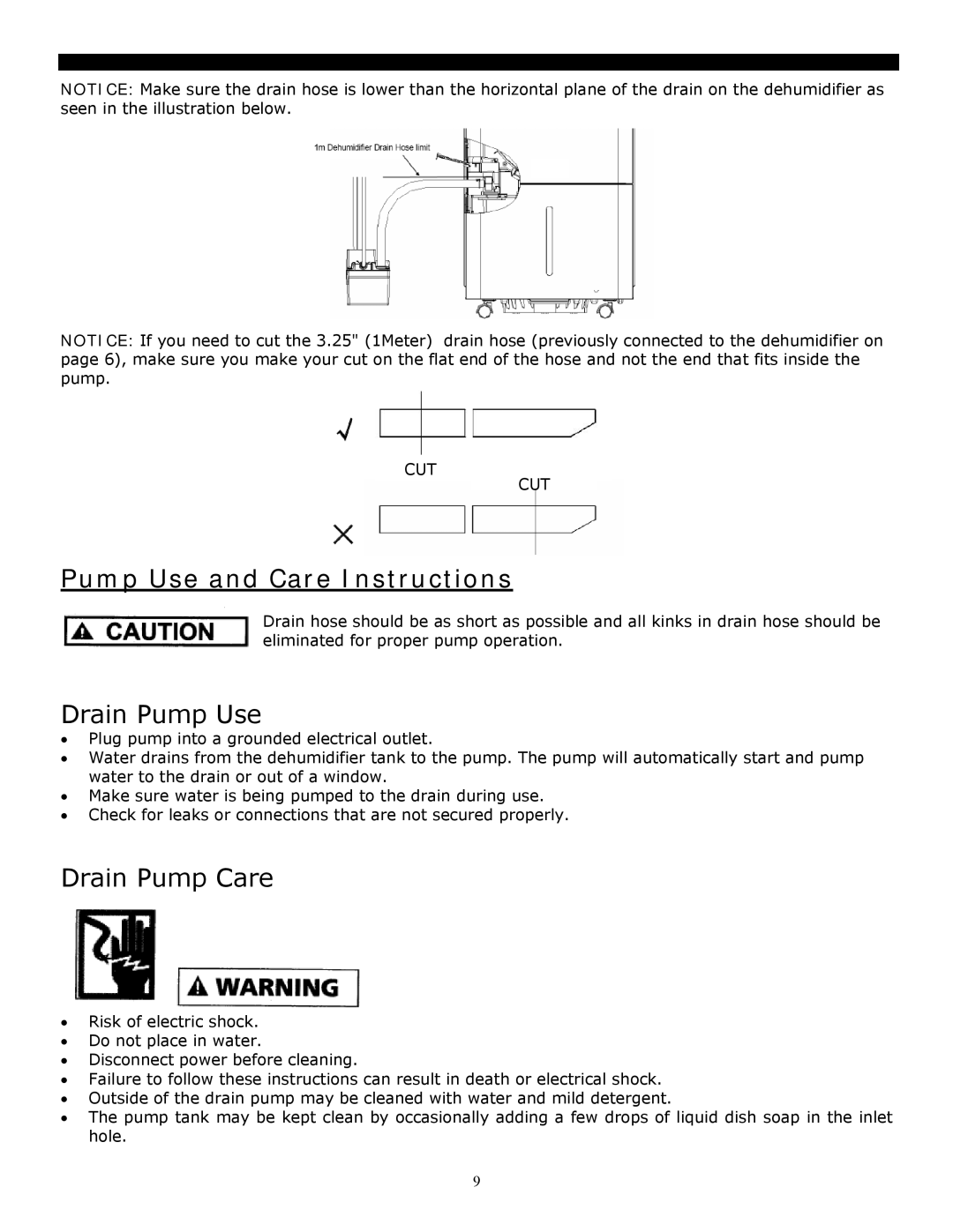 Soleus Air 3M, 1M manual Pump Use and Care Instructions, Drain Pump Use 