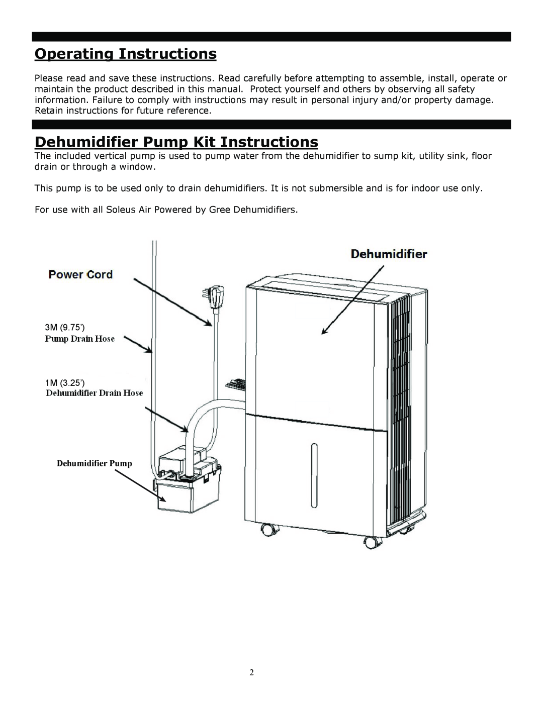 Soleus Air 1M, 3M manual Operating Instructions, Dehumidifier Pump Kit Instructions 