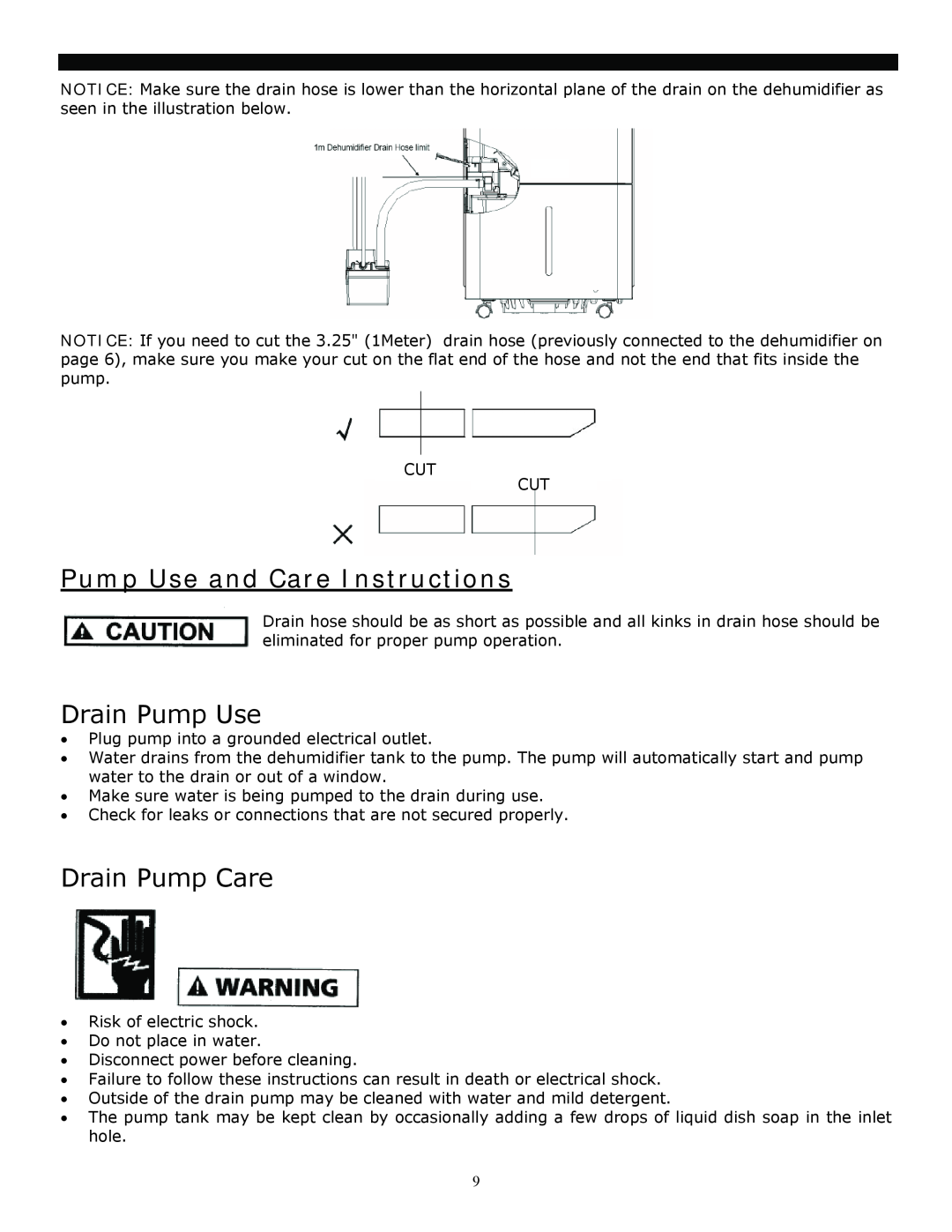 Soleus Air 3M, 1M manual Pump Use and Care Instructions, Drain Pump Use, Drain Pump Care 