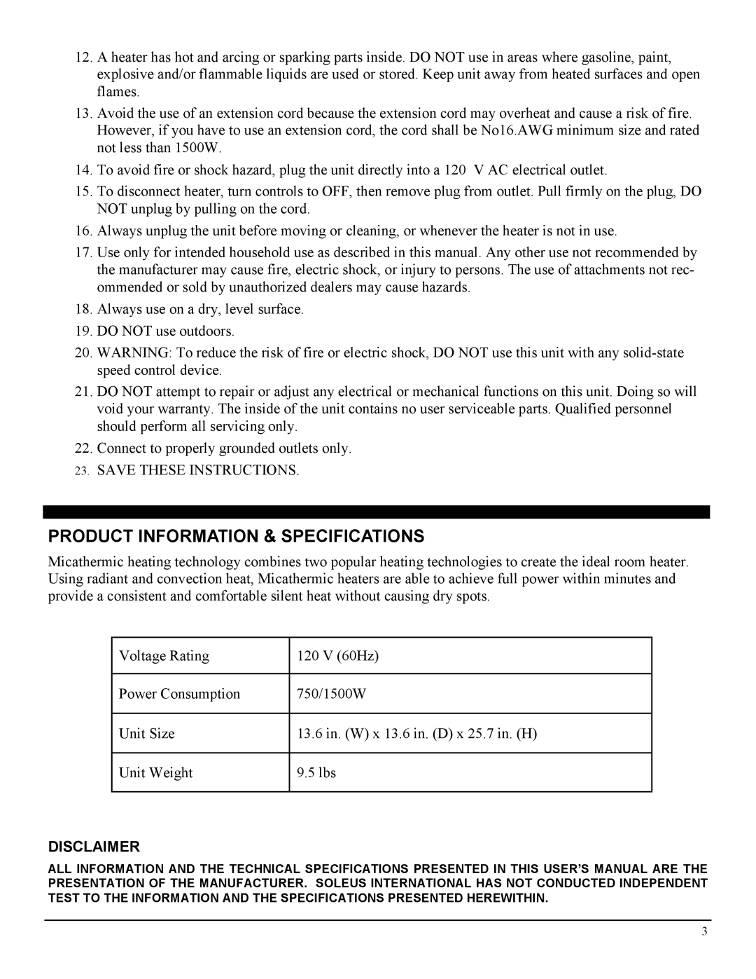 Soleus Air 21 manual Product Information & Specifications, Disclaimer 