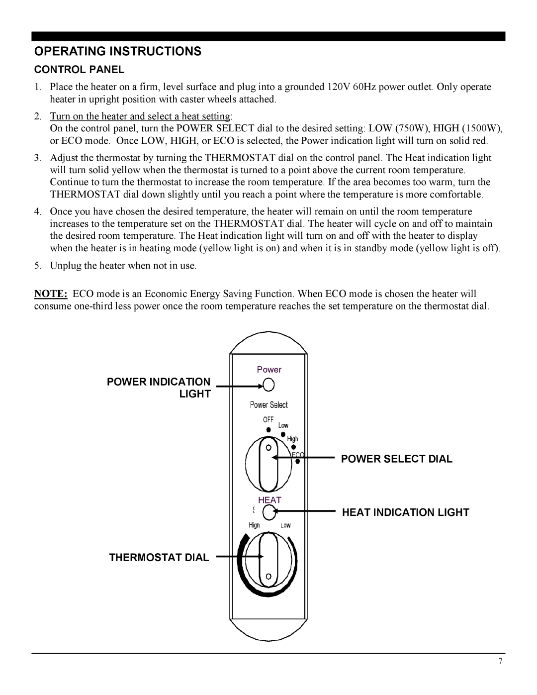 Soleus Air 21 manual Operating Instructions, Control Panel, Power Indication Light Power Select Dial 